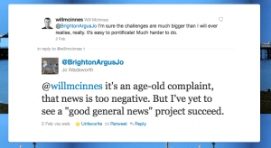 Conversation about news between Jo Wadsworth and Will McInnes Conversation about news between Jo Wadsworth and Will McInnes